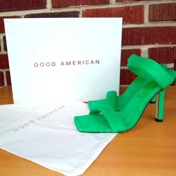 NIB Good American Square Toe Terry Slip-On High Heel Sandals in Green Sz. 6 - Picture 2 of 10